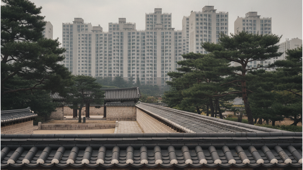 종묘 담장 너머로 도심 건물 능선이 걸린다
