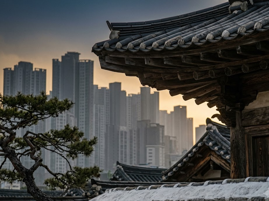 담장 하나를 사이에 두고 옛 사당과 도심이 마주 선다