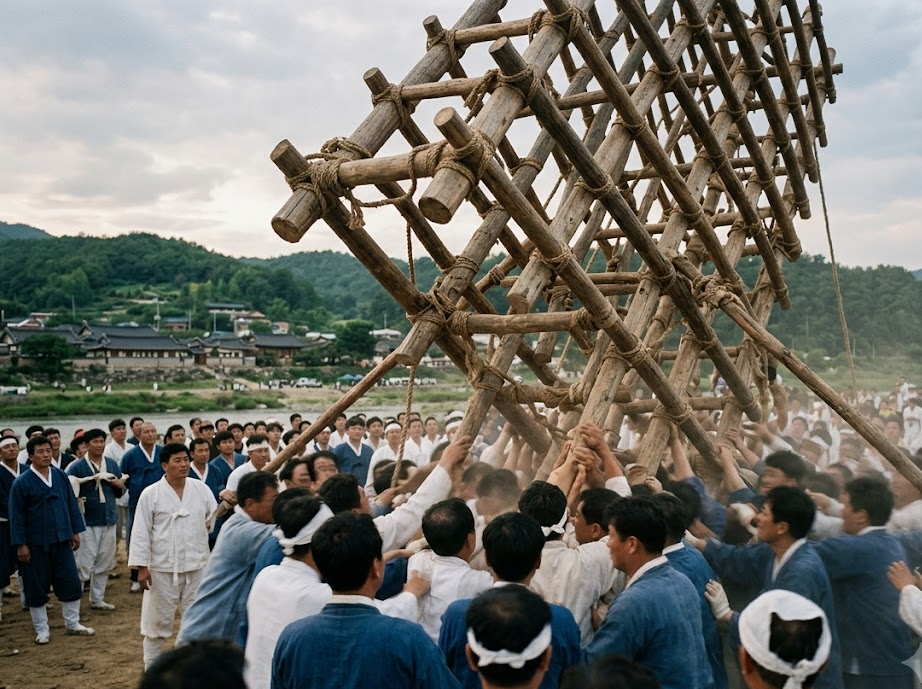 사람의 힘만으로 밀고 버티는 차전놀이 재현