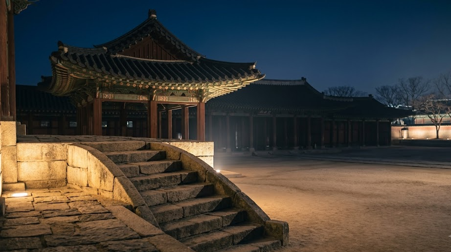 밤의 수정전, 돌 월대 위에 무대가 놓인다